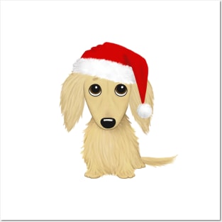 Longhaired Cream Dachshund with Santa Hat Cute Dog Christmas Posters and Art